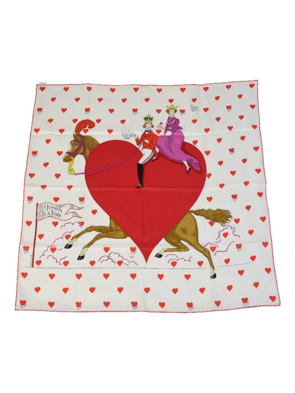 Hermes Carre 70 Tea Time Heart King And Queen Silk Square Scarf White Red